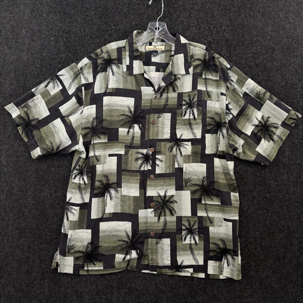 Tommy Bahama Shirt Men's Large Green Palm Tree 100% Silk Hawaiian Aloha Beach
